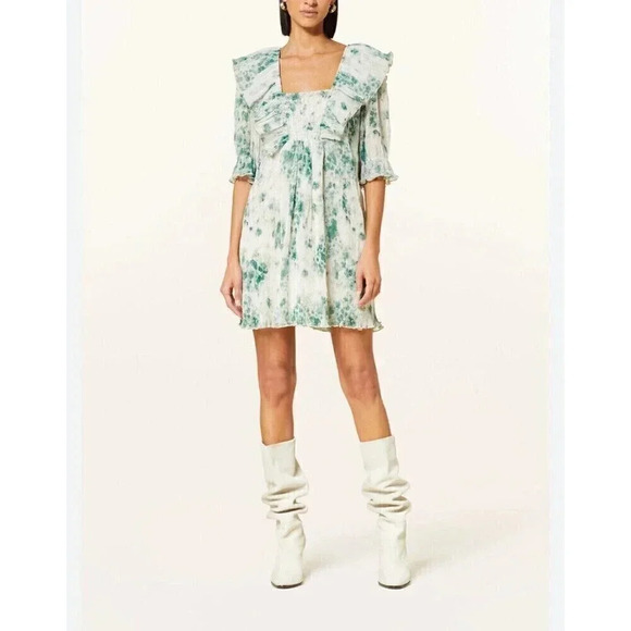 GANNI floral-print plissé-georgette minidress Size Small 4/6 Green And Cream - Picture 1 of 10